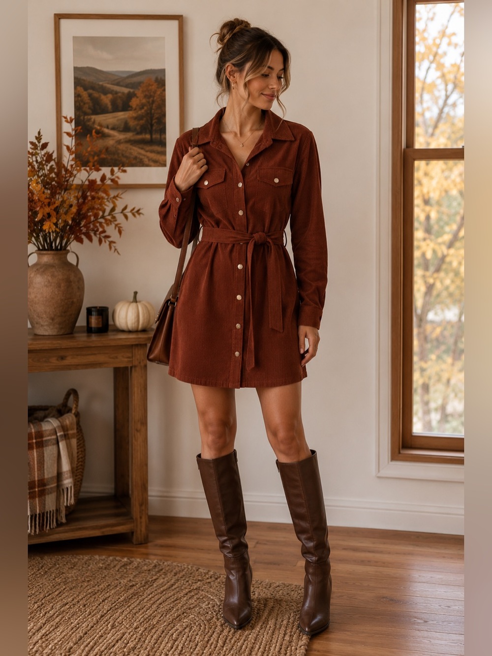 Rust Brown Button-Up Corduroy Shirt Dress